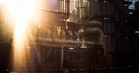 Industrial facility with sunlight filtering through pipes during the evening イラスト素材