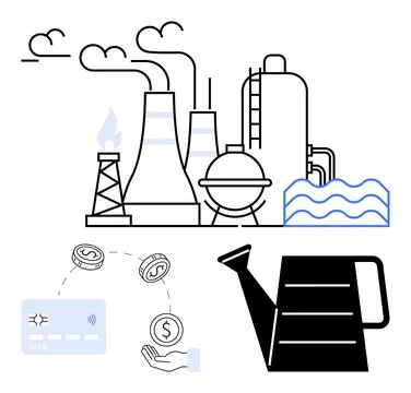 Industrial facility with transaction process and watering can symbolizing f.. Stock Illustration