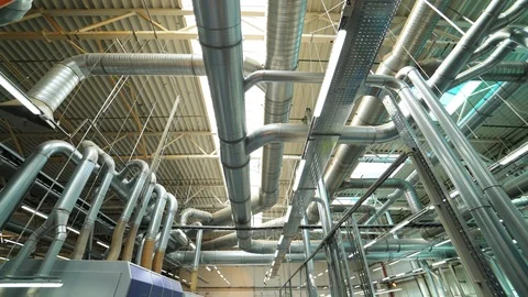 Industrial factory ceiling with ventilation system and lights. Ventilation ducts Video stock 93153388