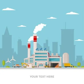 Industrial factory in flat style a vector an illustration. Factory, road, tre Stock Illustration