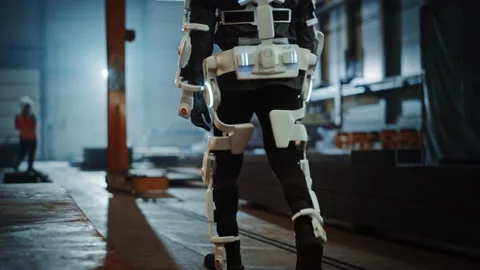 Industrial Factory Worker Walking While Wearing Exoskeleton Stock Footage 140595880