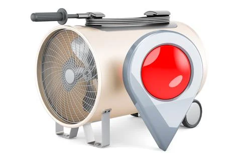 Industrial fan heater with map pointer, 3D rendering Stock Illustration