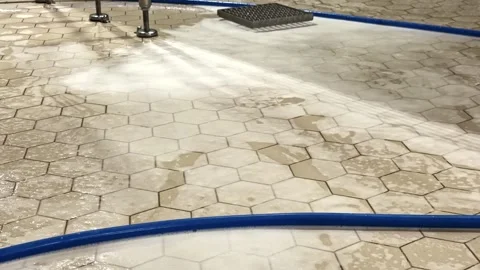 Industrial Food Processing Facility Floor Being Washed with High Pressure Water Video stock 333312072