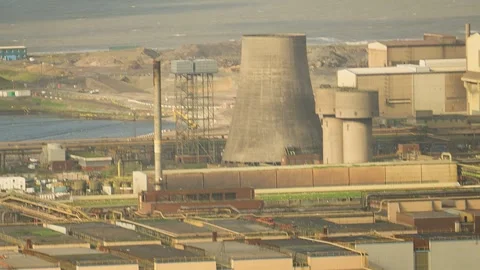 Industrial Gas Chimney Stack in Modern Steel Manufacturing Plant Stock Footage 332520479