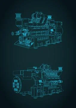 Industrial gas engine blueprints Stock Illustration