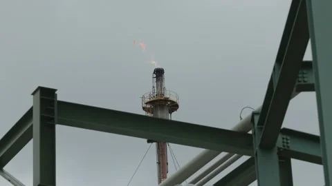 Industrial Gas Flare Stack Burning Oil Refinery Petrochemical Plant Facility Stock Footage 347724903