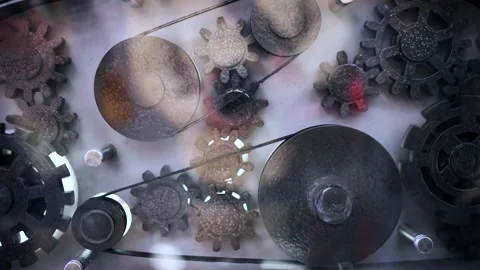 Industrial gears and cogs creating intricate mechanism at an exhibition Stock Footage 323380133