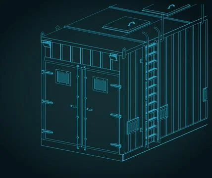 Industrial generator container isometric close-up blueprint Stock Illustration