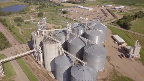 Industrial grain elevators and grain dryers in South Dakota, aerial view. Stock Footage 113482286