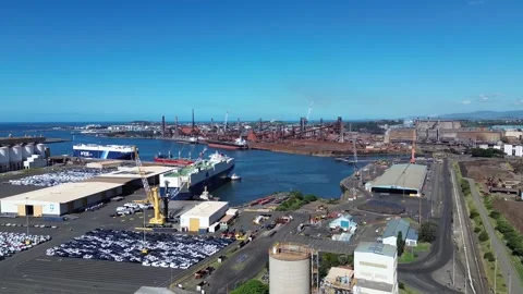 Industrial Harbour and Cargo Ships Along Steelworks Coastline Video stock 334902853