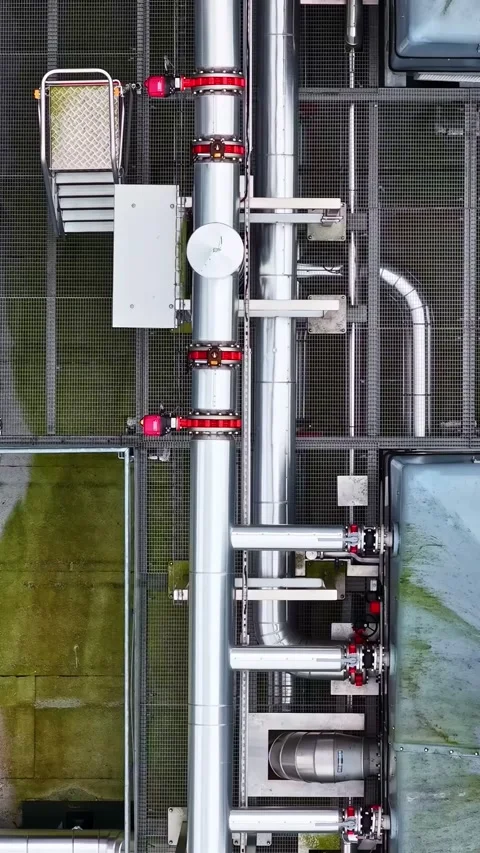 Industrial HVAC ventilation system pipes and cooling units on a building roof Stock Footage 336241014