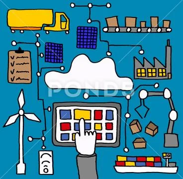 Industrial icons drawings set from factory through delivery Stock Illustration