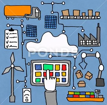 Industrial icons drawings set from factory through delivery Stock Illustration