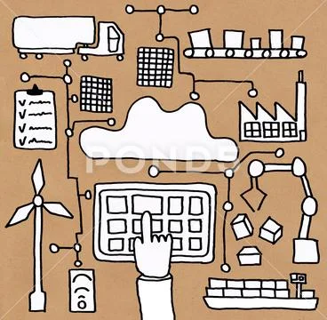 Industrial icons drawings set from factory through delivery Stock Illustration