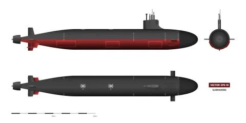 Industrial image of submarine. Military ship. Top, front, side view. Battleship Stock Illustration