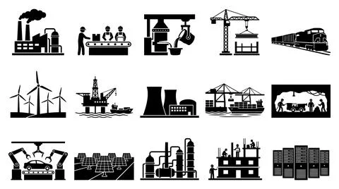 Industrial infrastructure and manufacturing process silhouette icon collection Stock Illustration