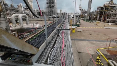 Industrial interior. Close-up of many cables in part of a cable rack routes Stock Footage 316413895