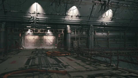 Industrial interior of a futuristic facility with complex wiring and lights Stock Footage 331402097