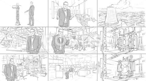 Industrial interiors storyboard Stock Illustration
