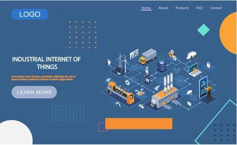 Industrial internet of things landing page template. Modern industrial Stock Illustration