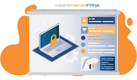 Industrial internet of things, opened laptop and closed padlock symbol. Modern Stock-Illustration