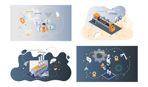 Industrial internet of things set of four scenes about technical progress in 스톡 일러스트