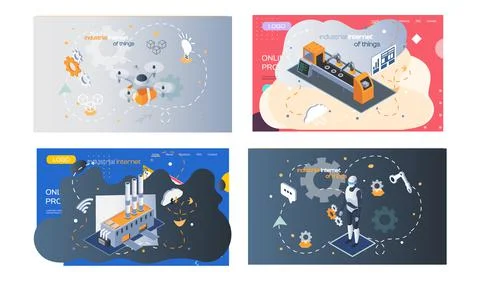 Industrial internet of things set of four scenes about technical progress in Stock Illustration