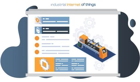 Industrial internet of things web page design. Machinery and robotic arm Stock Illustration