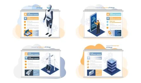 Industrial internet of things web page set. Modern technologies attributes of Ilustración de archivo