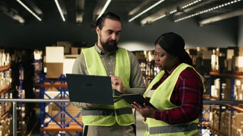 Industrial job, two workers, collaborating in warehouse, parcel distribution Stock-Footage 330205219