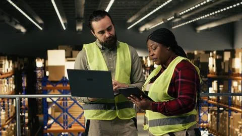 Industrial job, two workers, collaborating in warehouse, parcel distribution Stock Photos