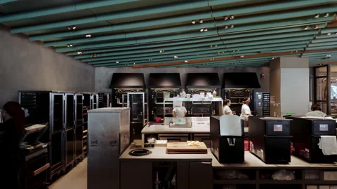 Industrial kitchen at the restaurant designed for high volume food pro Stock Footage 306340369