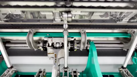 Industrial knitting machine for knitting textile fabrics Stock Footage 240129103