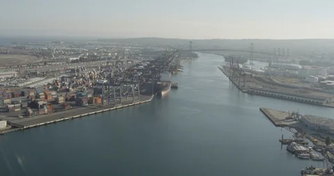 Industrial landscape and river, overcast day, aerial Stock Footage 106018053