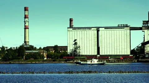 Industrial landscape - small boat on the elevator Stock Footage 53856266