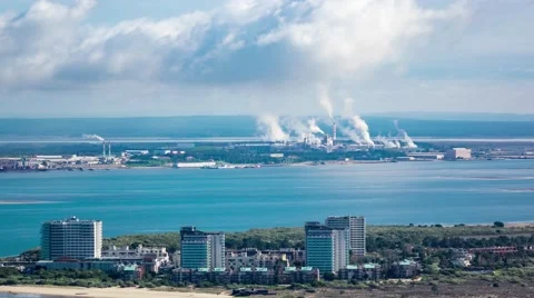 Industrial Landscape with Steaming Pipes Stock Footage 59763736