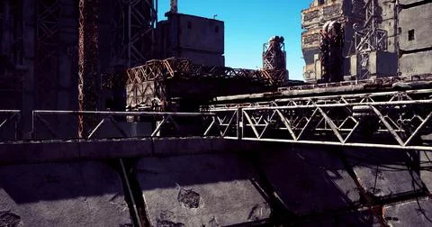 Industrial landscape with weathered structures under clear blue sky Stock Illustration
