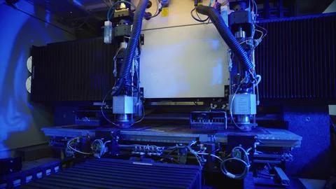Industrial laser cutter processing material in factory setting Stock Photos