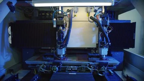 Industrial laser cutting machine processing material in factory Stock Photos