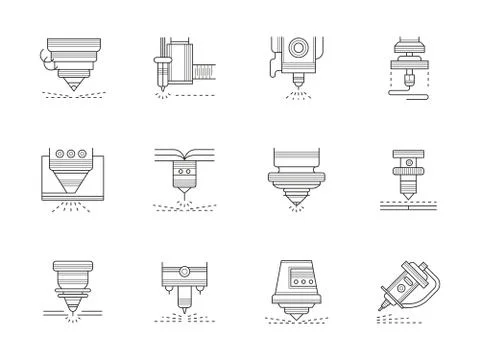 Industrial lasers flat line vector icons set Stockillustratie