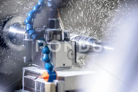 Industrial Lathe Cutting Steel In Engineering Factory