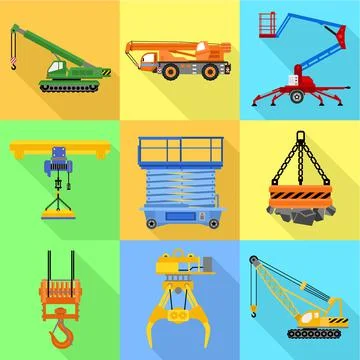 Industrial lift machine icon set, flat style Stock Illustration