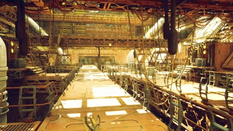Industrial lighting scene. Empty corridor with pipes and light Stock Footage 341562376