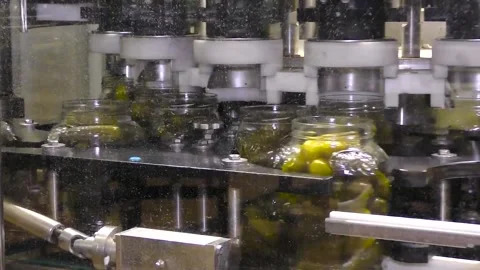 An industrial line for processing and preserving cucumbers Stockbeeldmateriaal 237713074