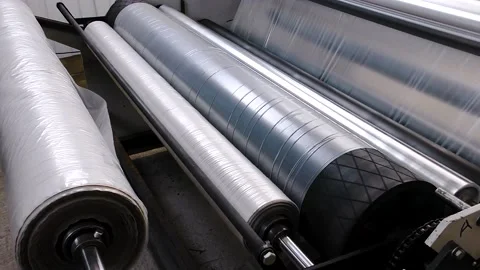 Industrial line for the production of plastic packaging film Stockbeeldmateriaal 238469432