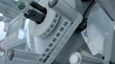Industrial line for the QR code sticker containing encrypted information Stock Footage 167566295