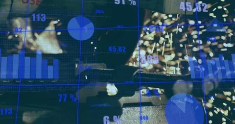 Industrial link grinding, grinder contacting, sparks flying, data charts Stock Footage 331336200