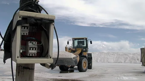 Industrial Loader Carrying Salt at Salinas Grandes Salt Flats in Argentina - 4K Stock Footage 343686820