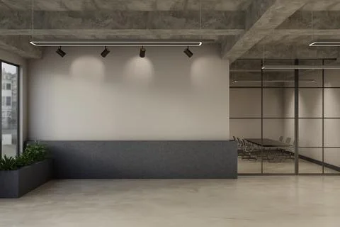 Industrial Loft Office Interior with Blank Concrete Wall and Spotlights Stock Illustration