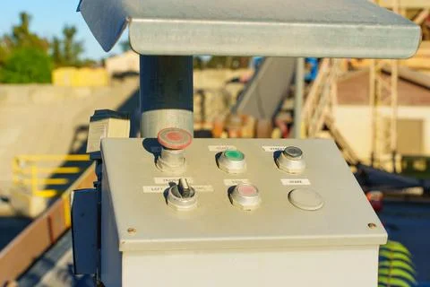 Industrial Machine Control Box with Emergency Stop in Perris, California Stock Photos
